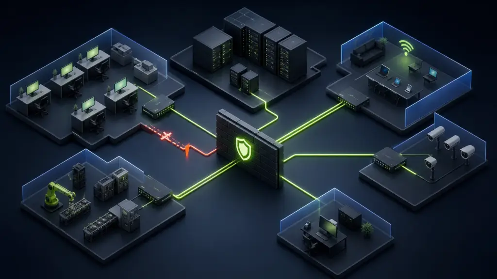 Getrennte Netzwerkzonen kommunizieren nur über kontrollierte Firewall-Verbindungen miteinander.