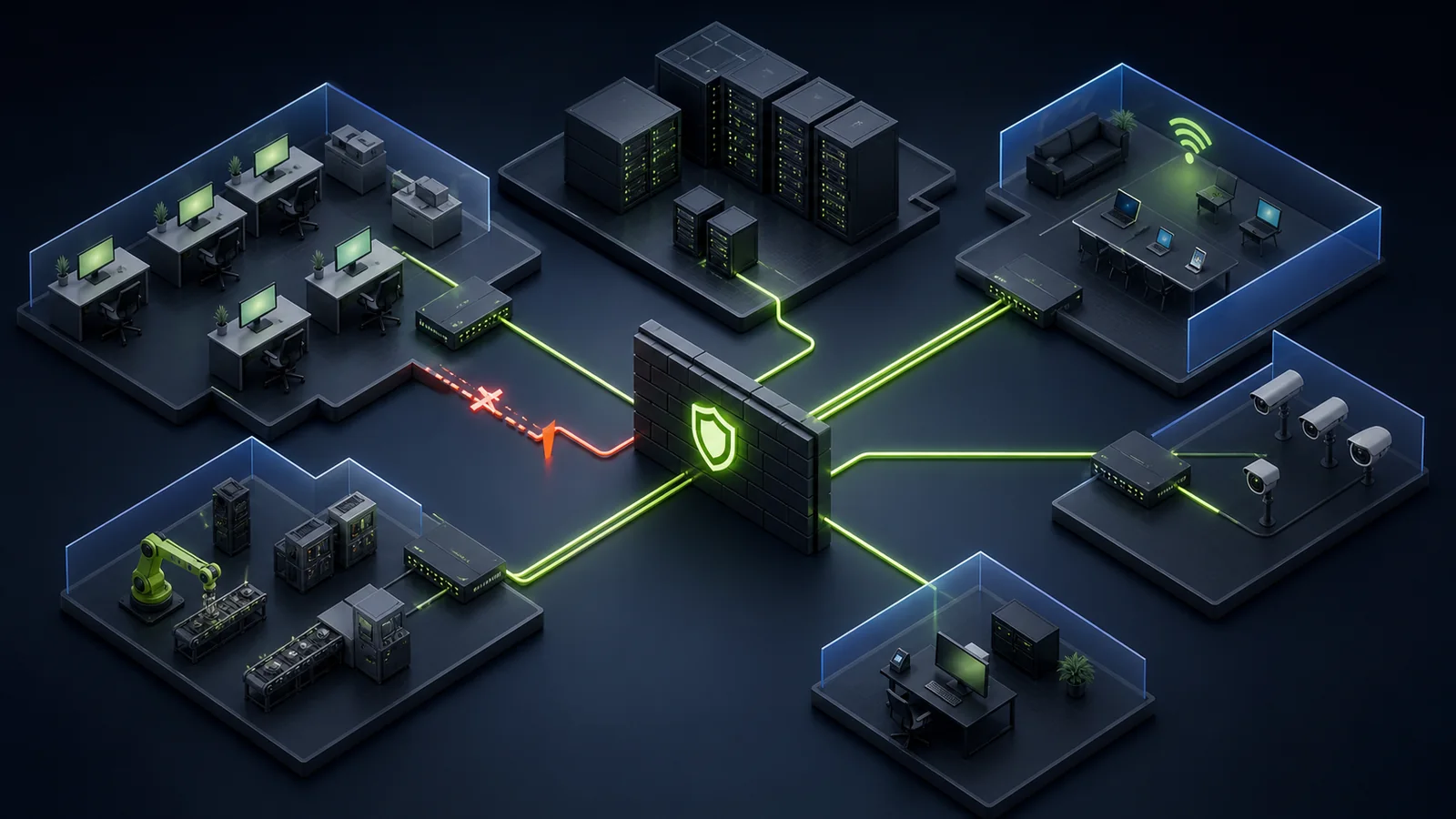 Getrennte Netzwerkzonen kommunizieren nur über kontrollierte Firewall-Verbindungen miteinander.