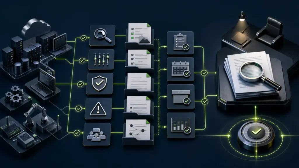 Technische Systeme, Risiken und Maßnahmen werden zu einer nachvollziehbaren NIS2-Nachweiskette zusammengeführt.