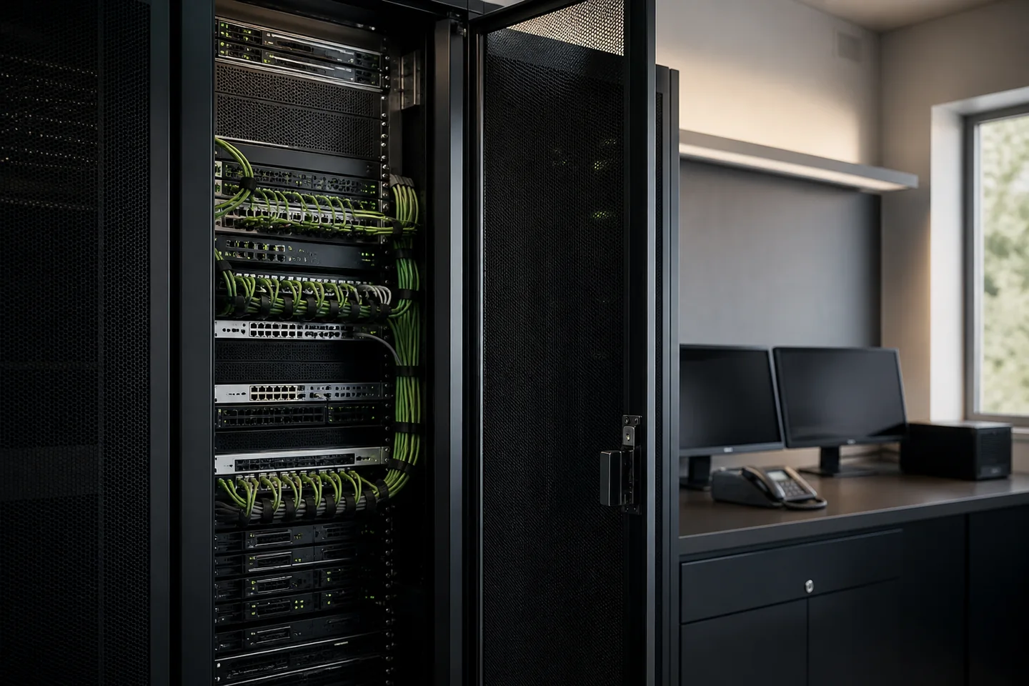 Strukturierter Serverschrank mit Netzwerkkomponenten in einer modernen IT-Umgebung