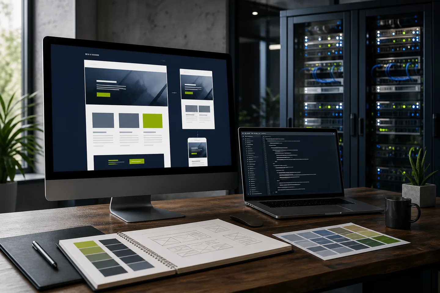 Arbeitsplatz für Webdesign und Entwicklung mit angebundener Hosting-Infrastruktur