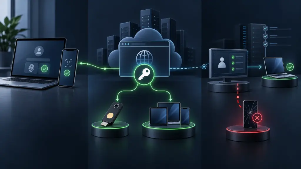 Passkey-Anmeldung führt über gerätegebundene oder synchronisierte Schlüssel zu einem kontrollierten Wiederherstellungsweg.