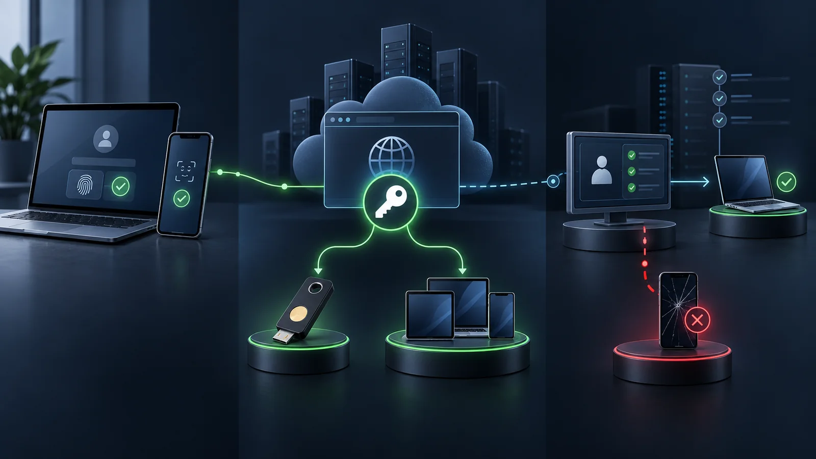 Passkey-Anmeldung führt über gerätegebundene oder synchronisierte Schlüssel zu einem kontrollierten Wiederherstellungsweg.