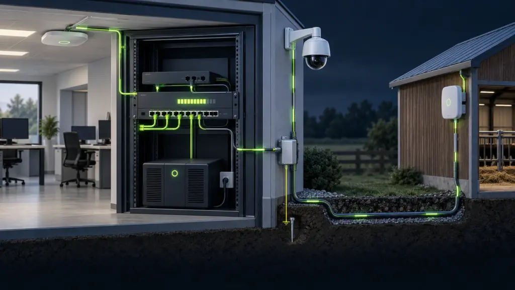 Ein PoE-Switch versorgt Kameras und WLAN-Access-Points über geschützte Leitungen und wird von einer USV abgesichert.
