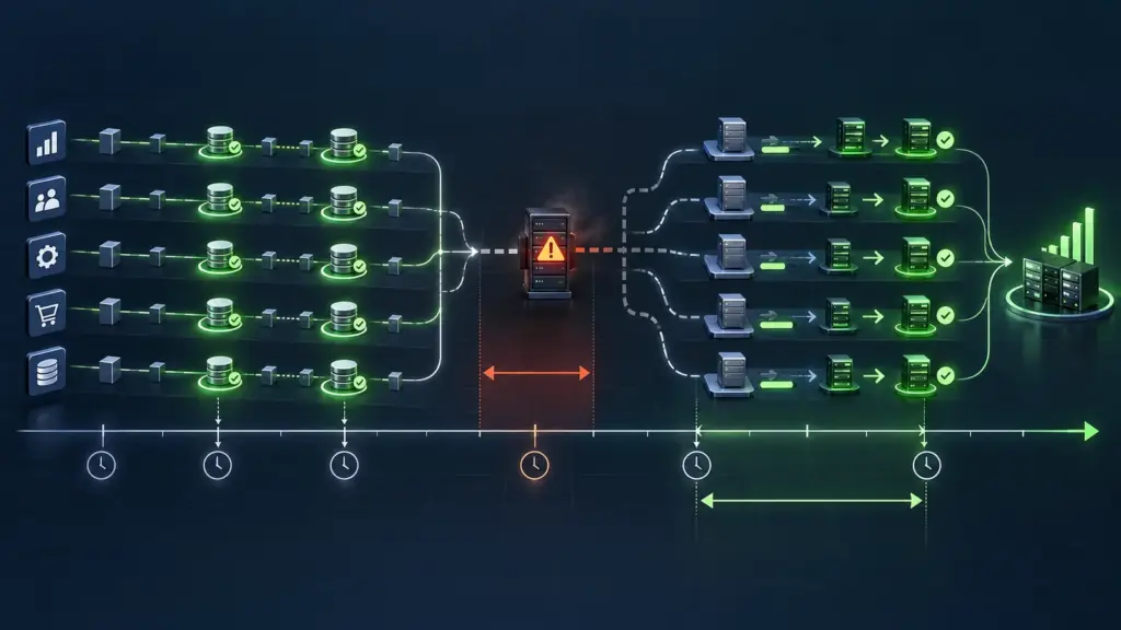 Geschäftsprozesse führen über geprüfte Sicherungspunkte und einen Systemausfall zu einer priorisierten Wiederherstellung.