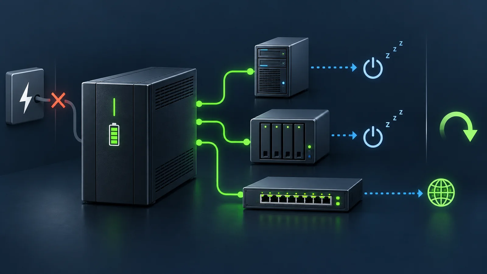 Eine USV versorgt Server, NAS und Switch; ein separater Signalweg steuert die geordnete Abschaltung.