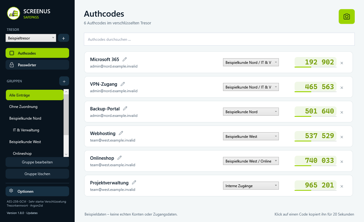 SafePass-Oberfläche mit Authcodes, Gruppen und Suche – ausschließlich erfundene Beispieldaten