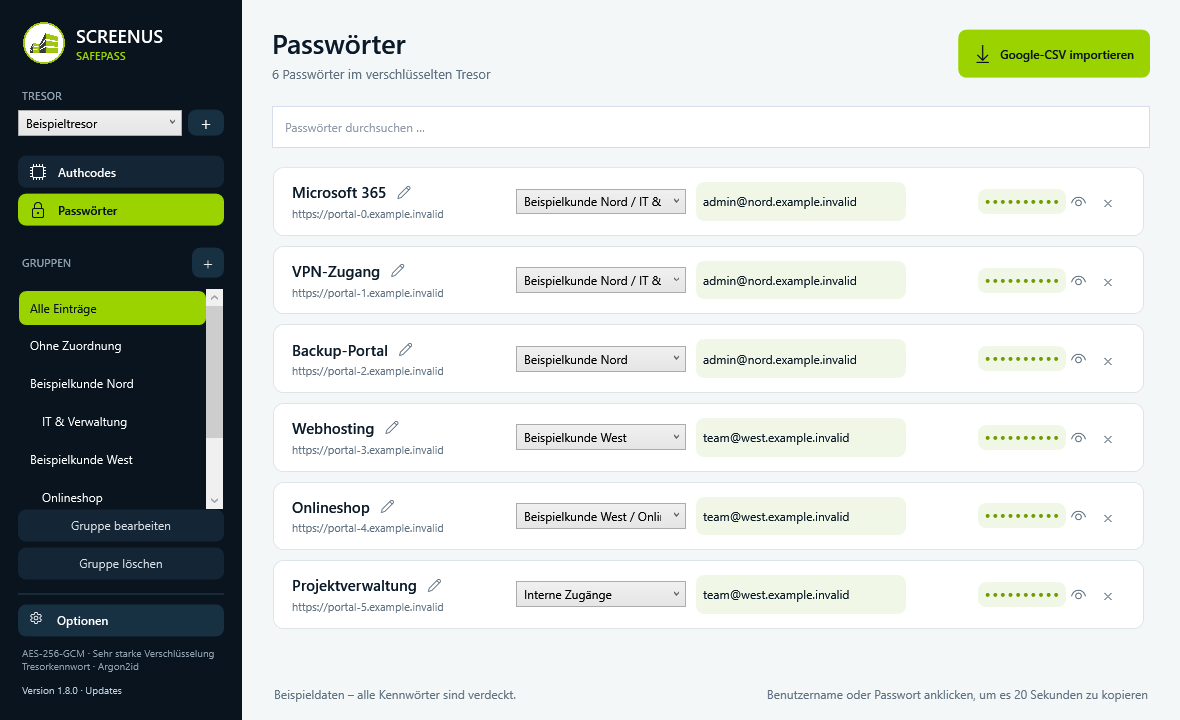 Passwortbereich in SafePass: Suche, Gruppenzuordnung und verdeckte Kennwörter mit Beispieldaten